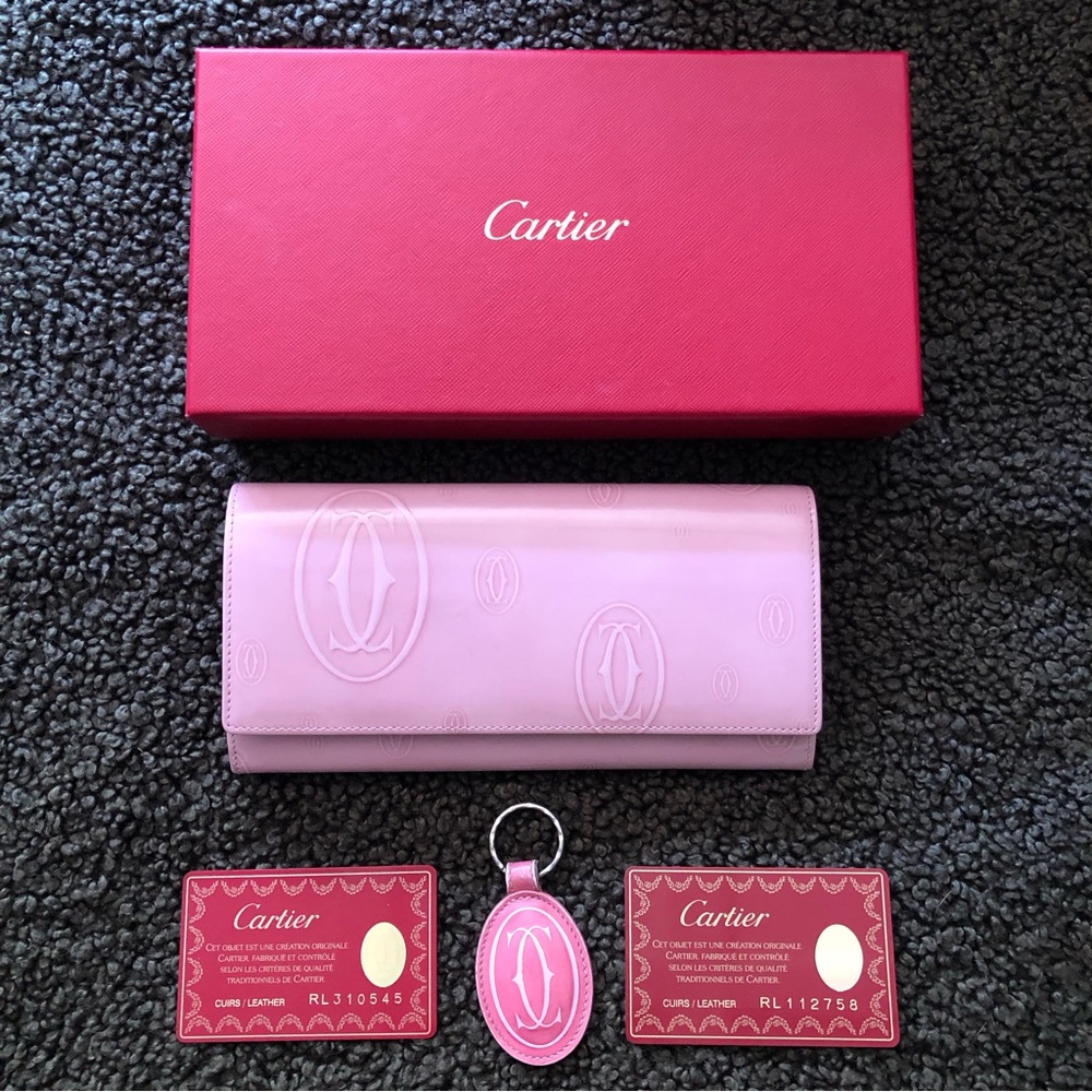 Cartier Pink Patent Leather Happy Birthday Wallet + Keychain